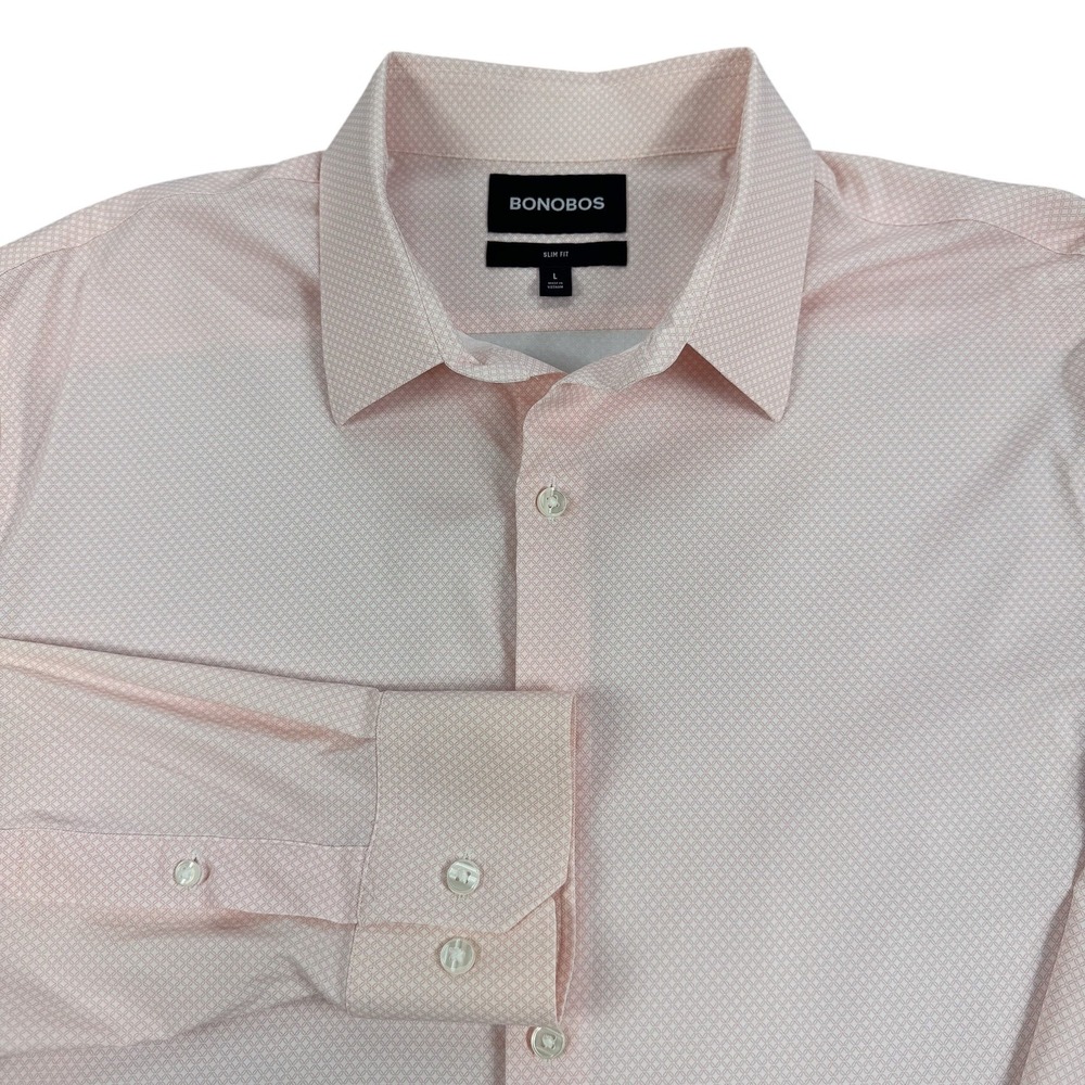 Bonobos Dress Shirt Mens Large Pink Geometric Slim Fit Stretch Nylon Office